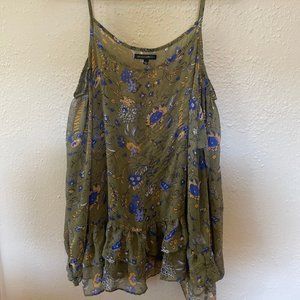 Gino Cabrini Woman's sheer off cold shoulder blouse. Green with purple flowers.